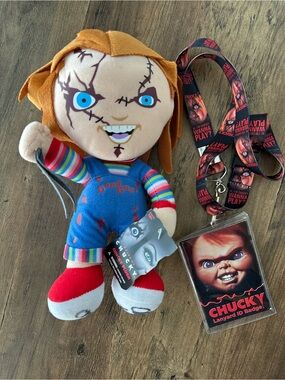 Chucky Plush Doll with Collectible Lanyard and cast signature